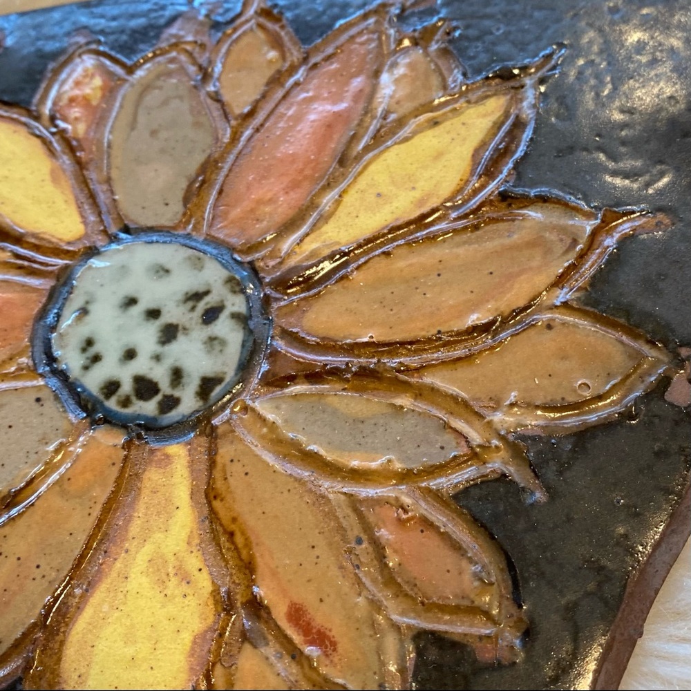 Wall art Artesian Ceramic Sunflower earth tone orange yellow brown on Chocolate - Picture 8 of 8